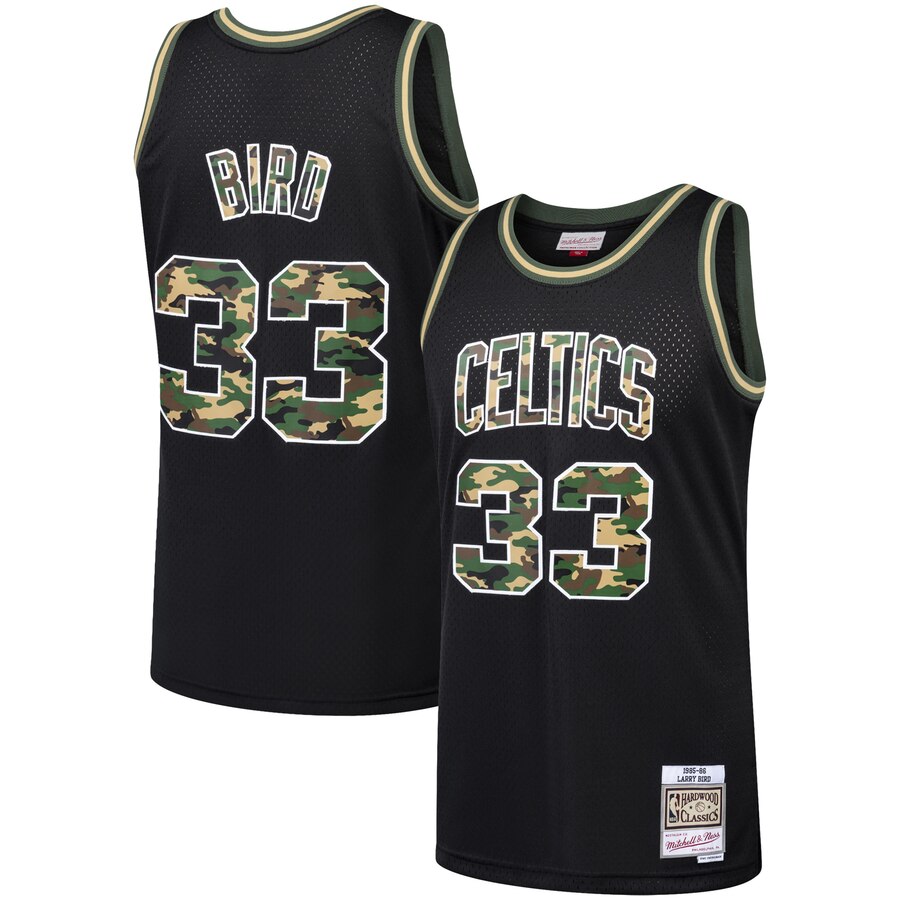 Men's Boston Celtics Larry Bird #33 Straight Fire Camo Mitchell & Ness Black Swingman Jersey 2401KQRA